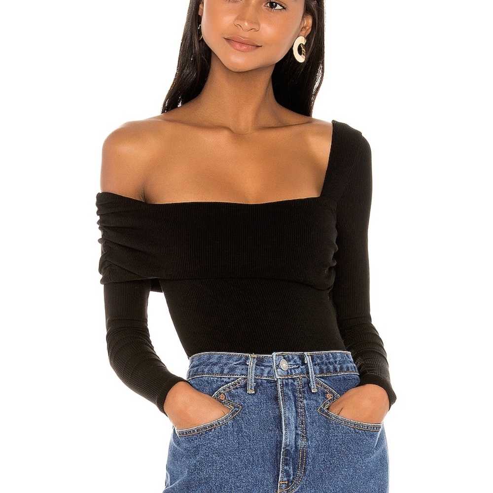 Lovers + Friends Black Asymmetrical Long Sleeve Bodysuit
